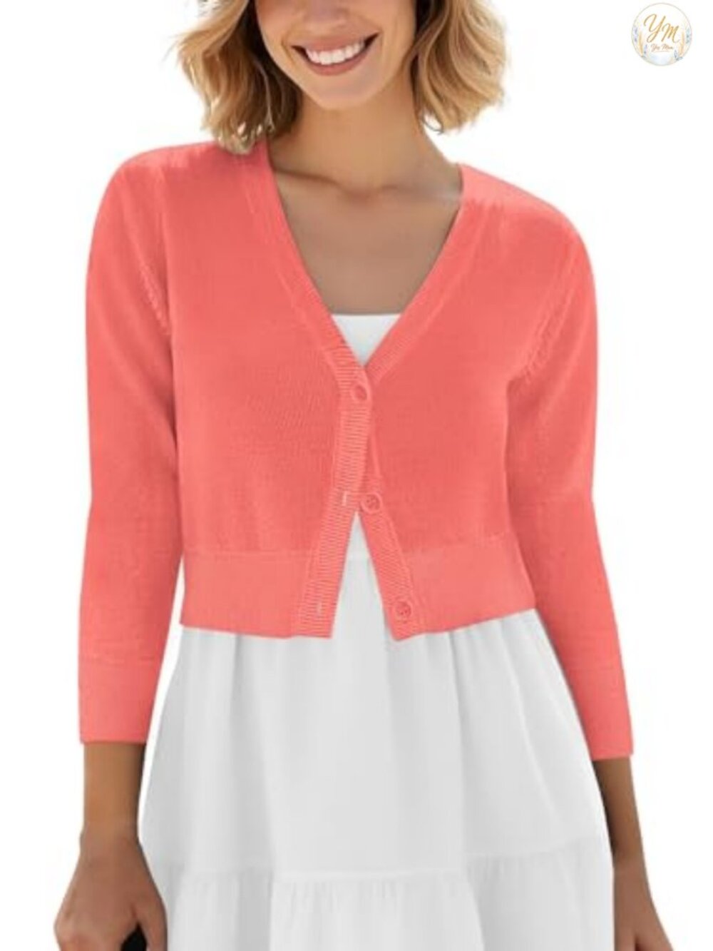 Cropped Cardigan Button Down Knitted Sweater 3/4 Sleeve V-Neck